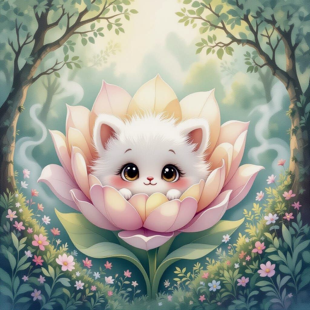 Fluffy Creature Peeks From Luminous Flower in Ethereal Grove