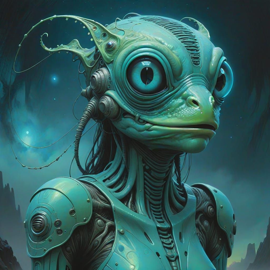 Cyberpunk Astronaut Goddess with Alien Frog Features in Irid...