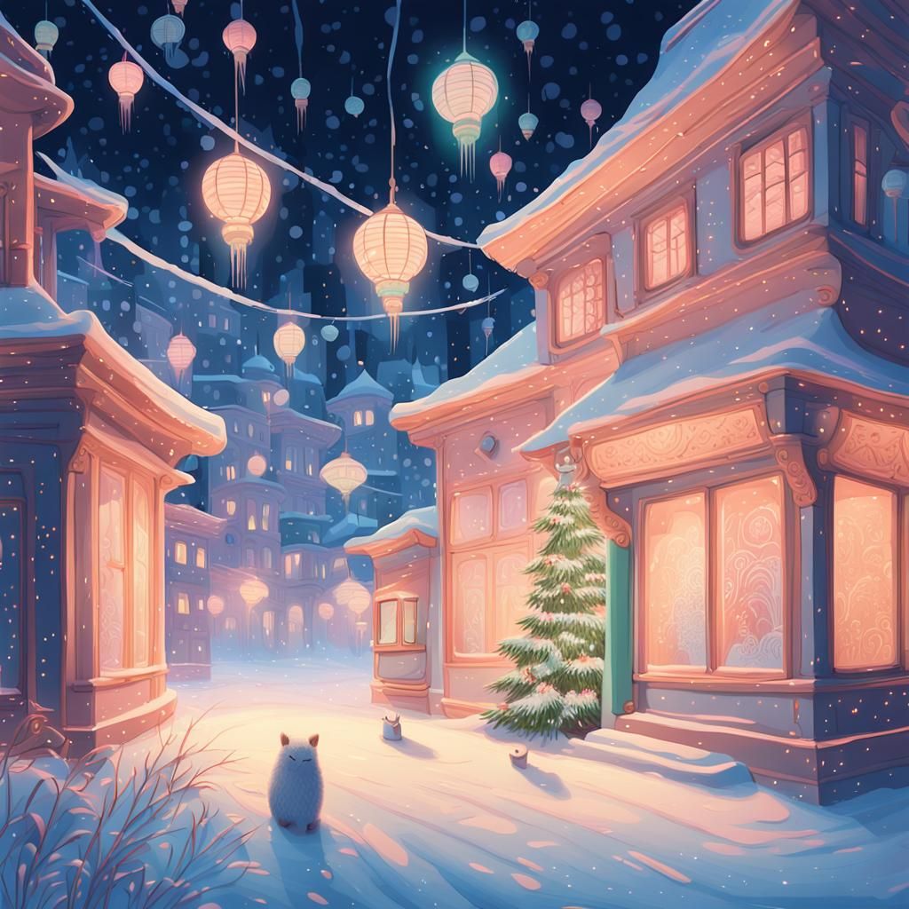 Whimsical Nighttime Scene in Snowy City, inspired by Miyazak...