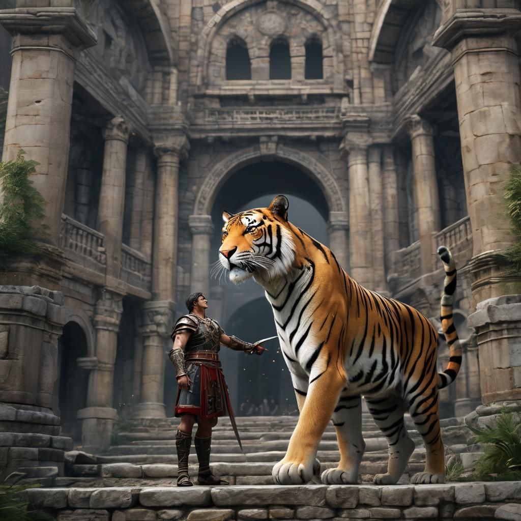 Man Versus Tiger in Roman Castle, 3D Anime Art