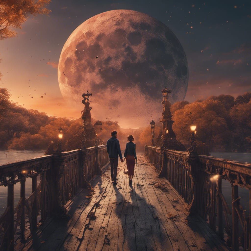 Couple on Collapsing Bridge at Sunset: Matte Painting