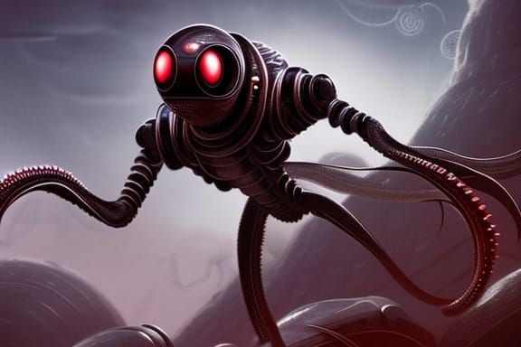 Retrofuturistic Alien Robot Near Spaceship: Digital Matte Pa...