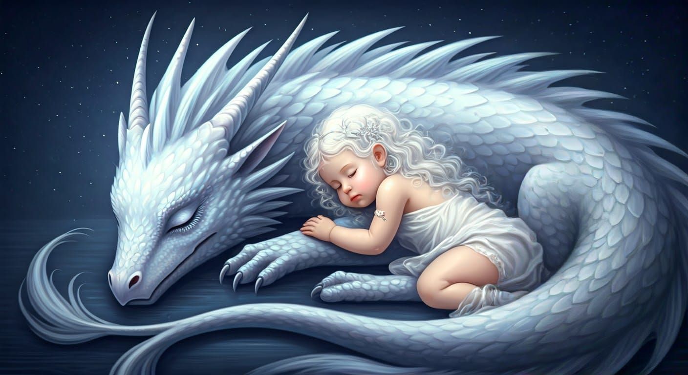Sleeping Princess and Dragon in Moonlight