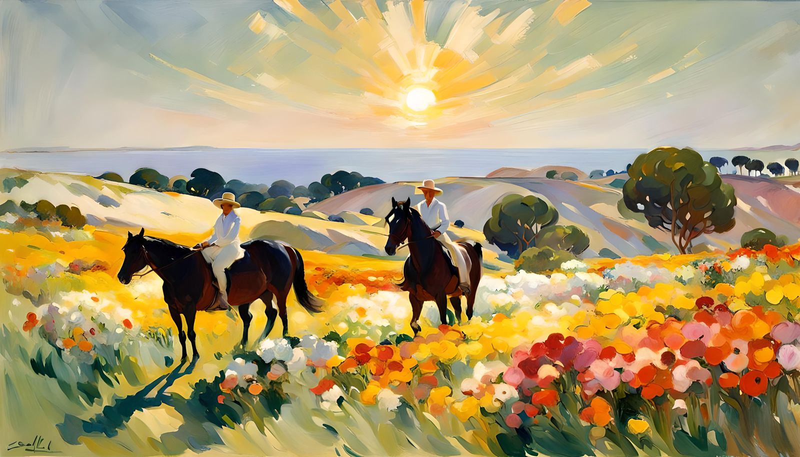 Sunlit Flower Field with Horses, Spanish Impressionism