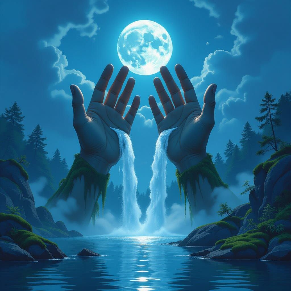 Giant Hands Cradling Waterfall in Digital Painting Style