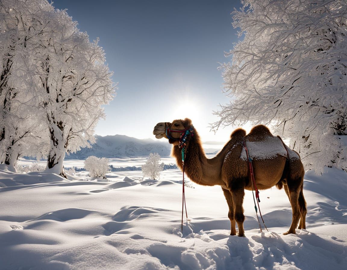 Surreal Snow Camel in Winter Wonderland