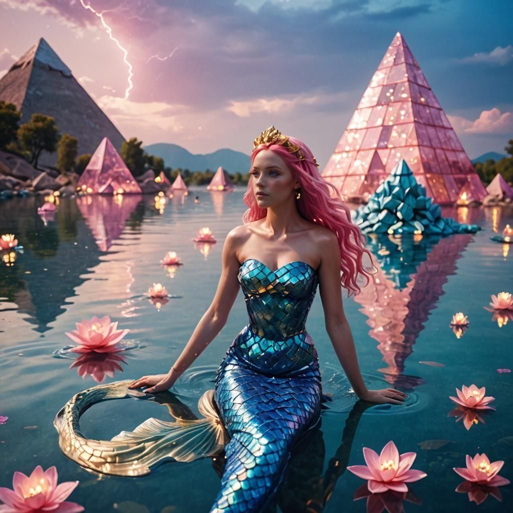 Golden Mermaid with Pink Hair in Dreamscape
