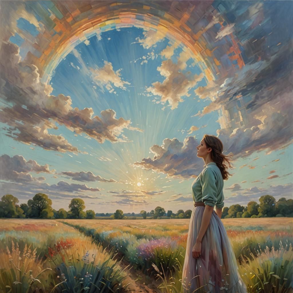 Woman Gazing at Rainbow in Impressionist Style