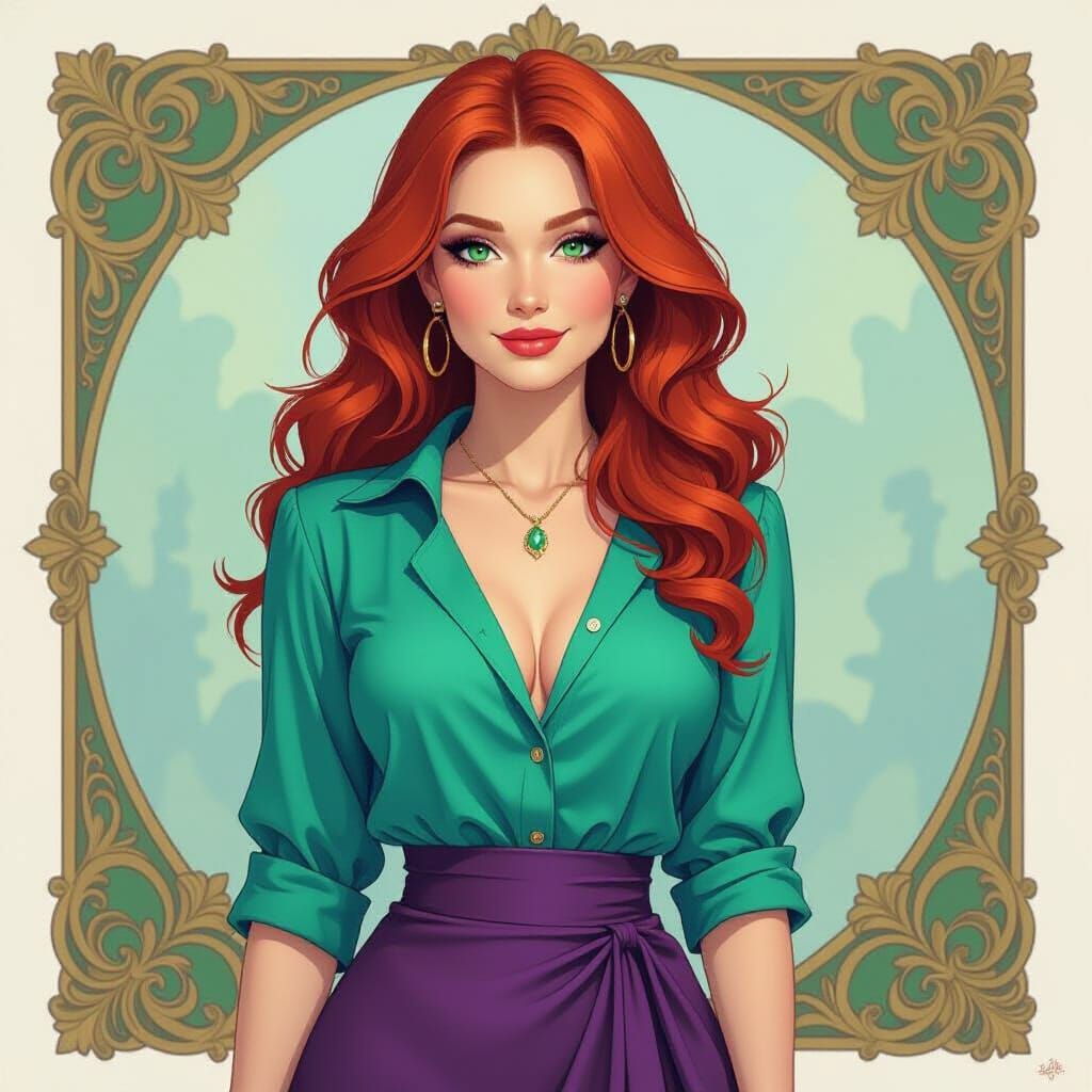 Red-Haired Woman Portrait in Watercolor Style