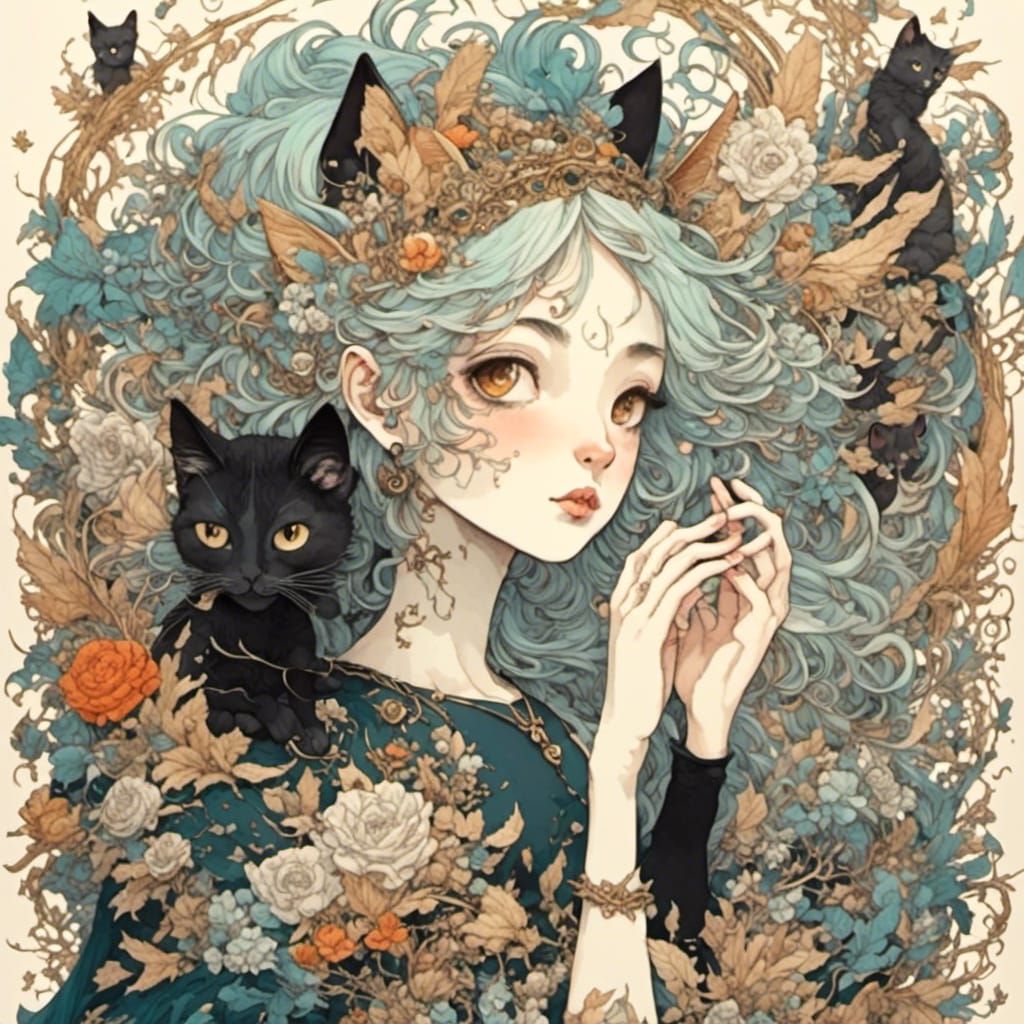 Whimsical Cats in Dark Fantasy Cartoon Style