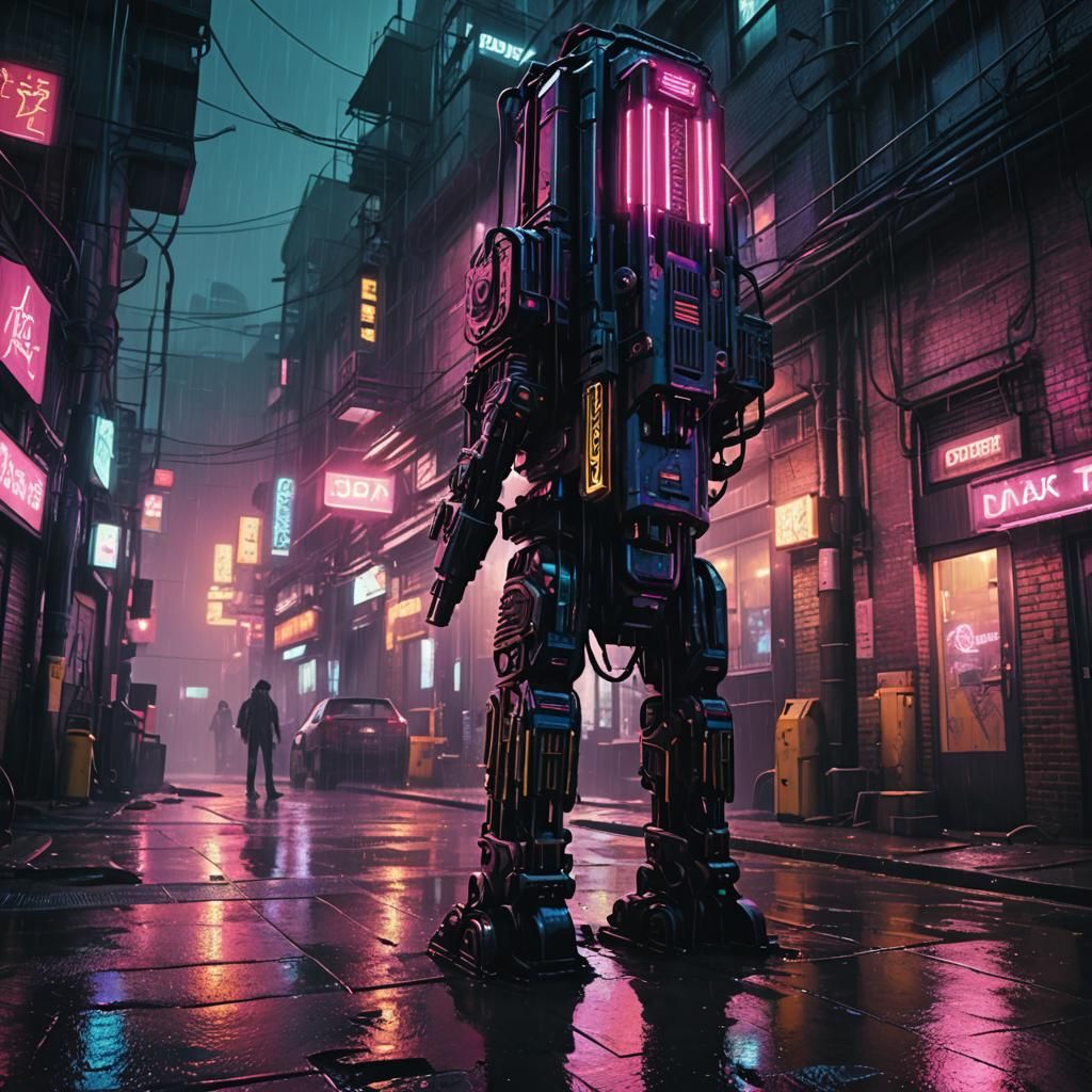 Cyberpunk Gas-Powered Drill in Rainy Cityscape