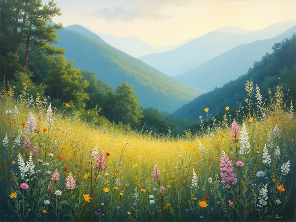 Lush Appalachian Valley Wildflowers in Early Morning Light
