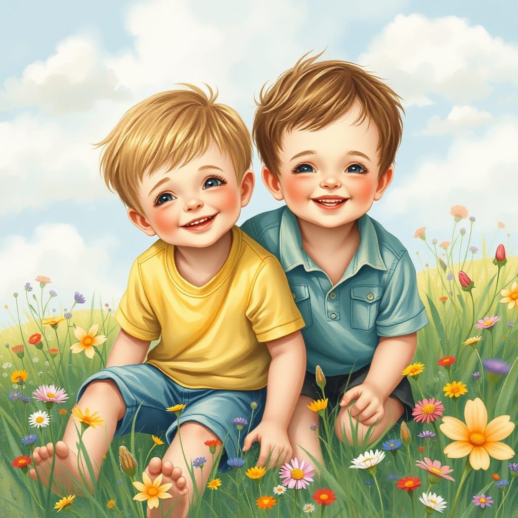 Whimsical Boys at Play in a Lush Meadow