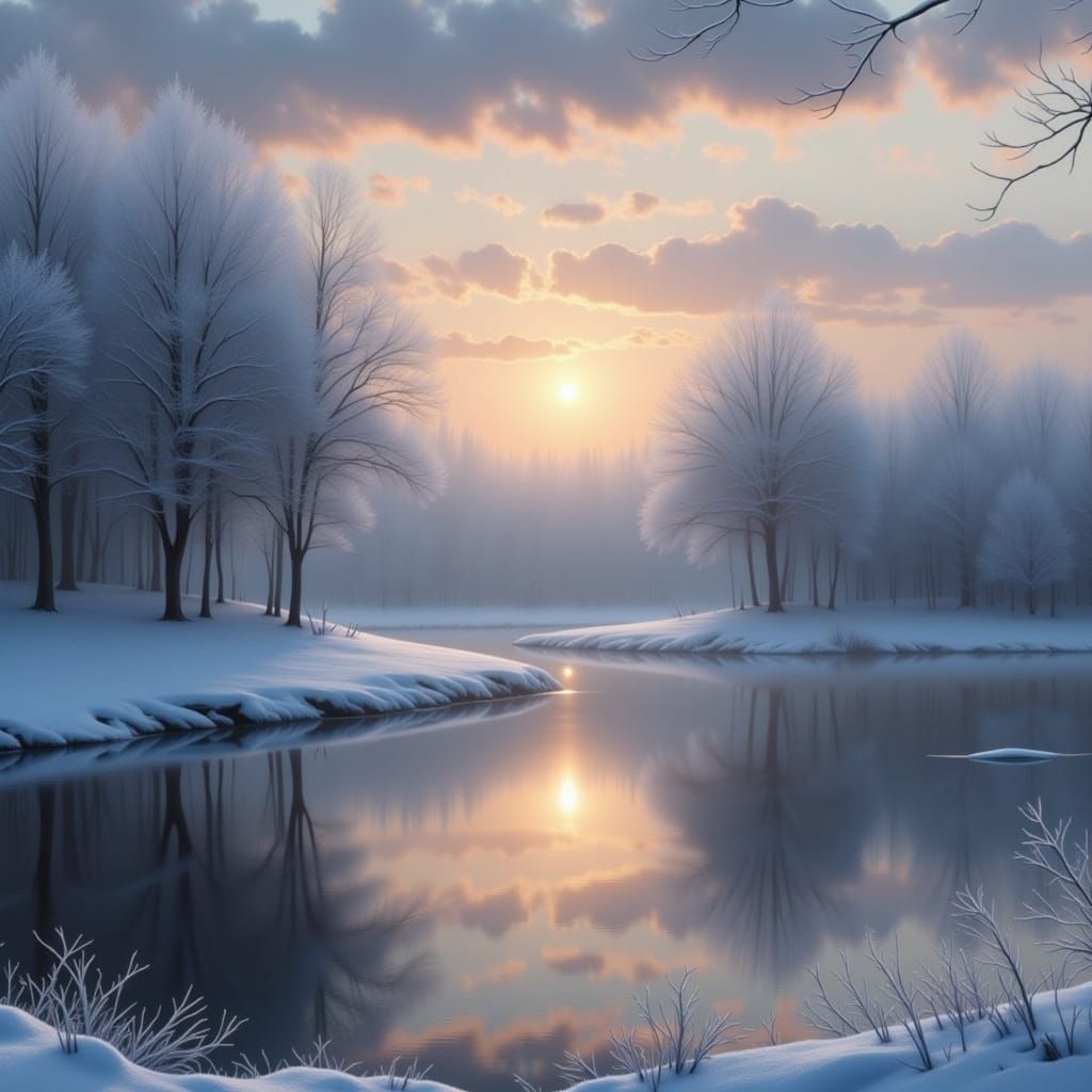 Winter Sunrise Over Still Lake with Frosty Trees