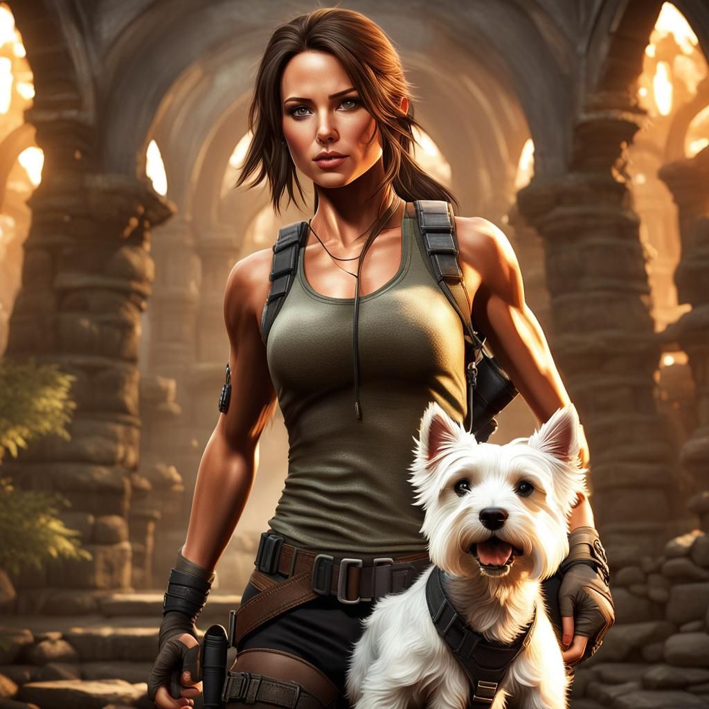 Lara Croft Tomb Raider with trusty companion, bad boy Leeroy Brown