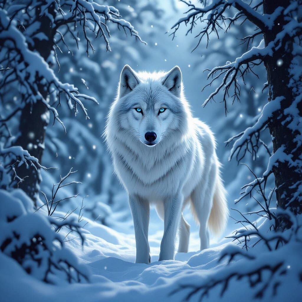 Majestic White Wolf in Moonlit Snowy Forest