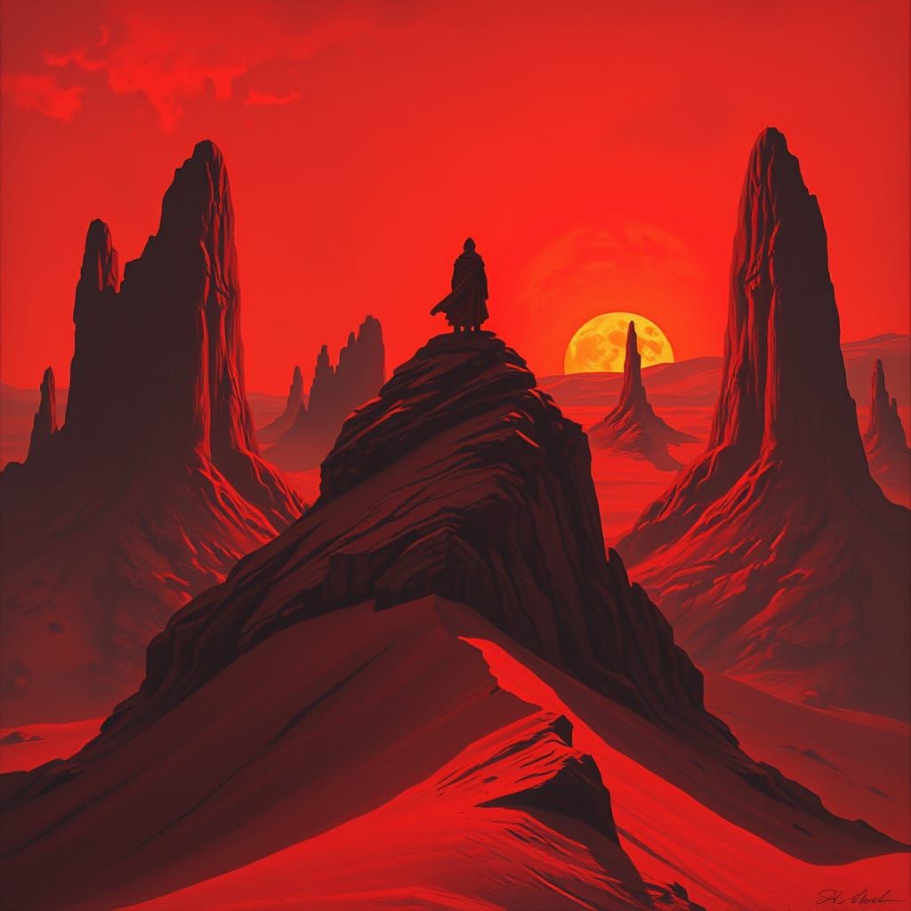Fiery Desert Landscape with Lone Figure, Surreal Fantasy Art