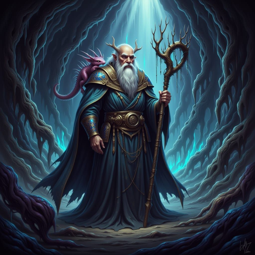 Ancient Wizard with Dragon in Volumetric Lit Cave