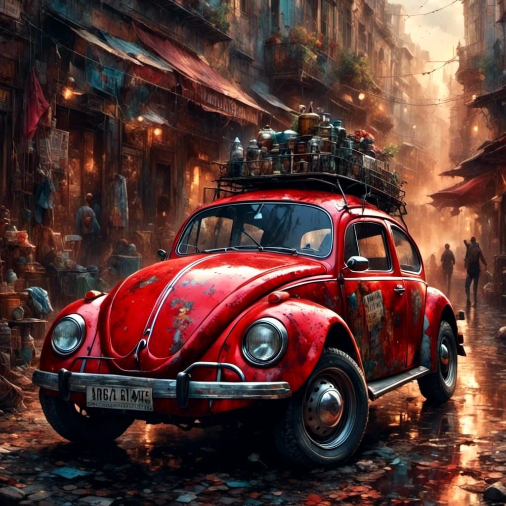 Red Volkswagen Beetle in Trashpunk Style