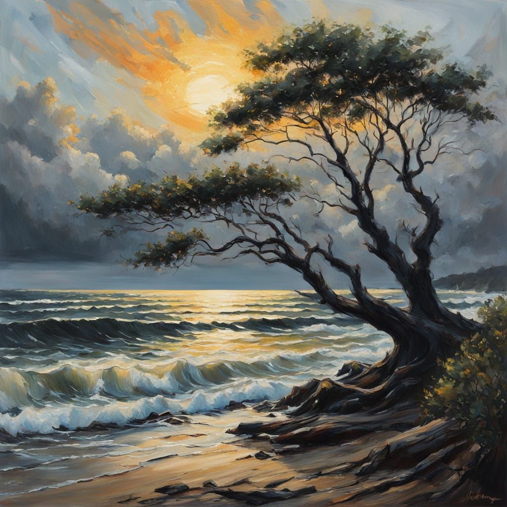 Dramatic Tree Silhouettes at Sea: Oil Painting