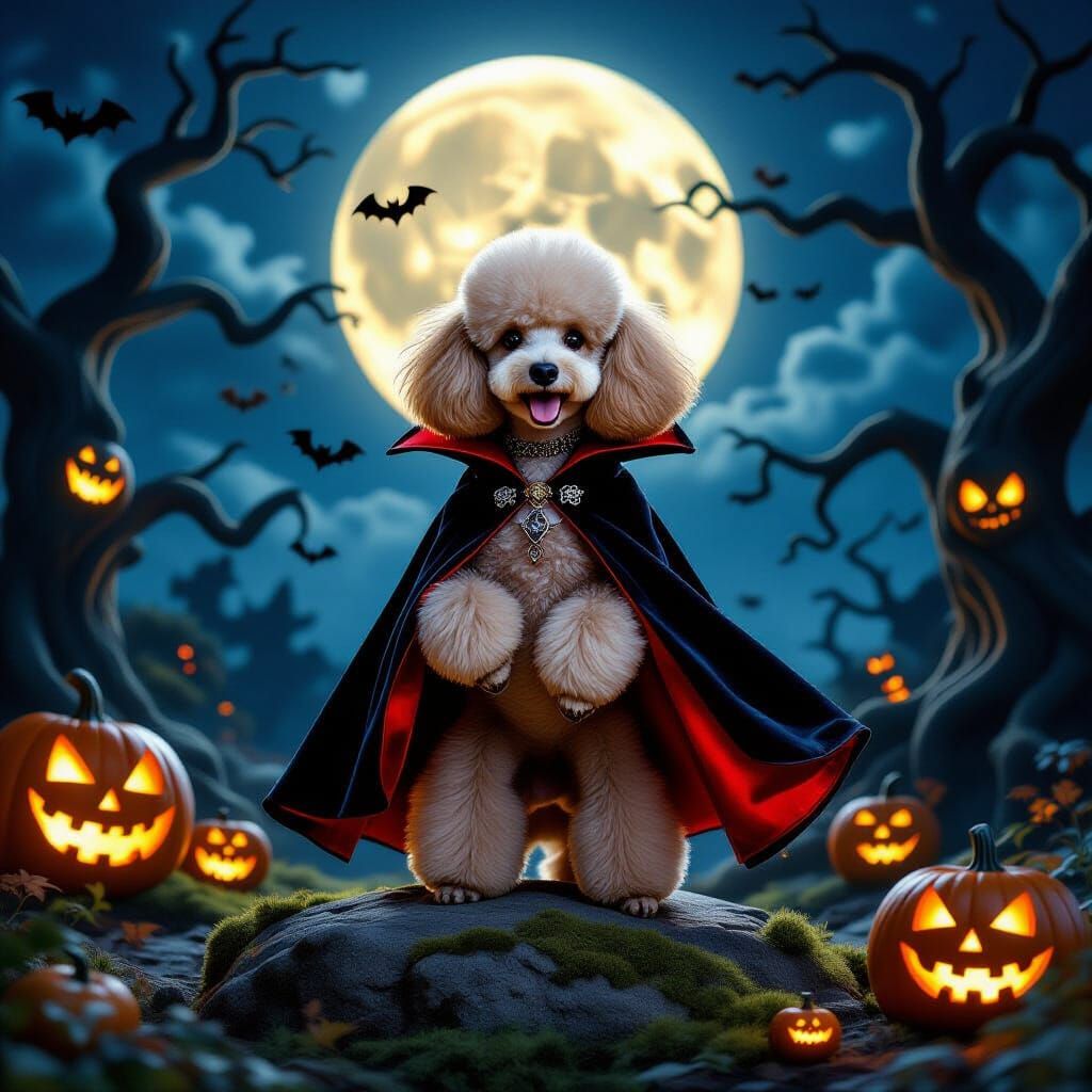 Vampire Poodle in Haunted Halloween Landscape Under Full Moo...