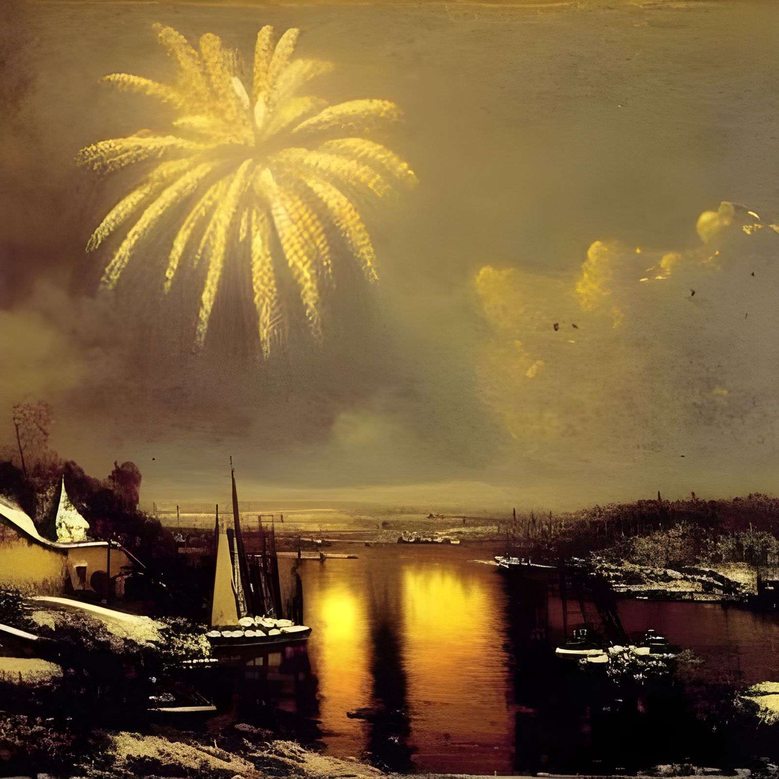 Fireworks Over Winter Landscape in Realist Style