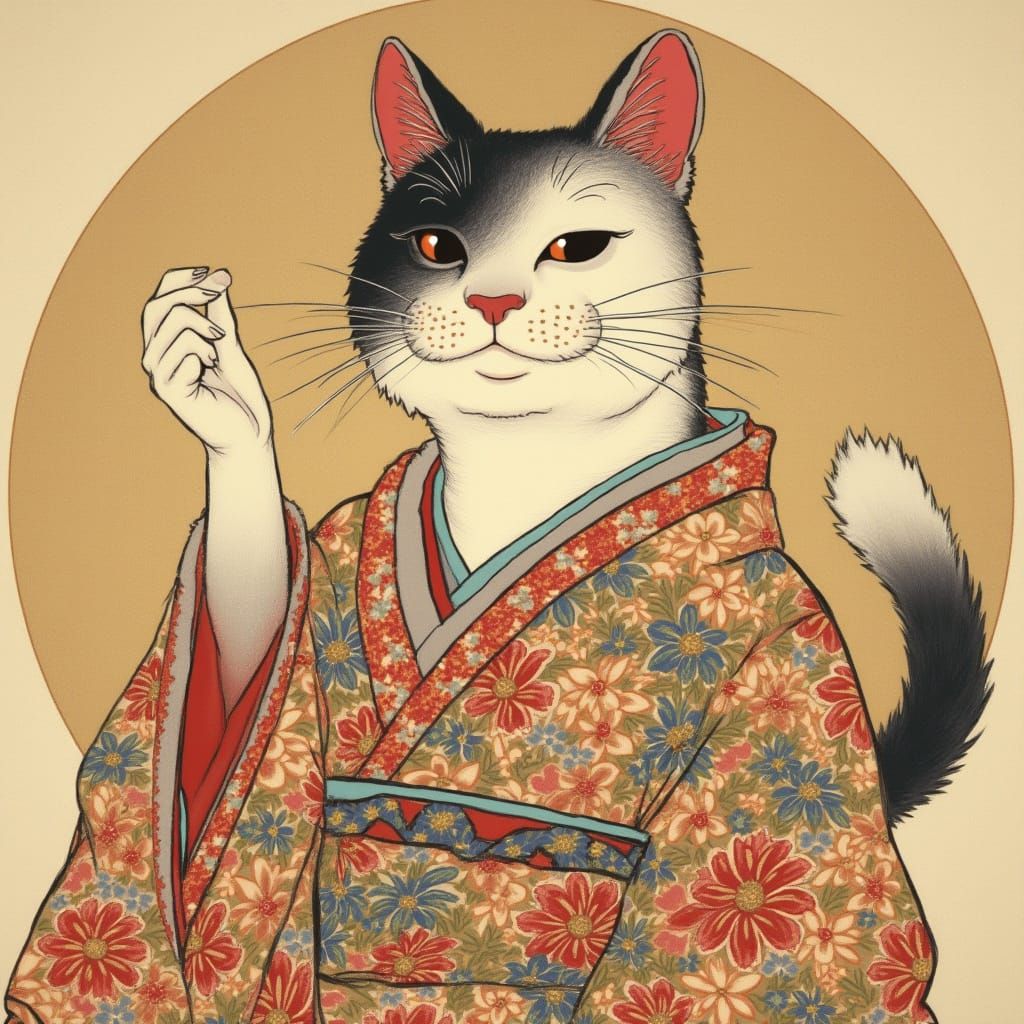 Cat in Kimono, Ukiyo-e Style Japanese Print