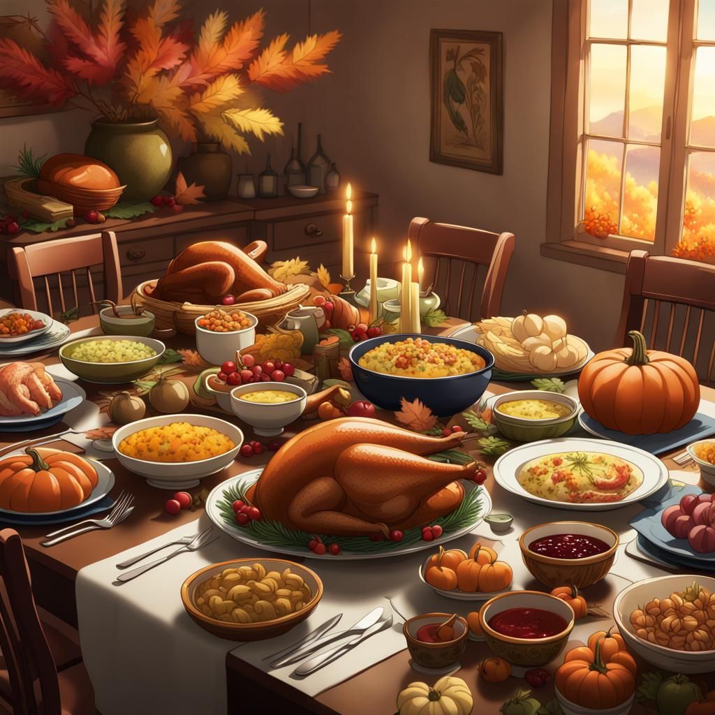 Thanksgiving Feast in Studio Ghibli Anime Style