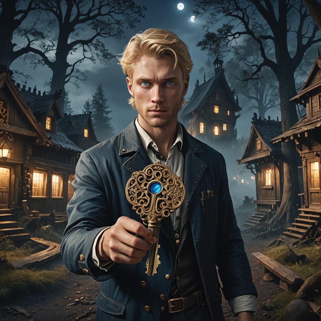 Man with Key in Moonlight Forest, Digital Art