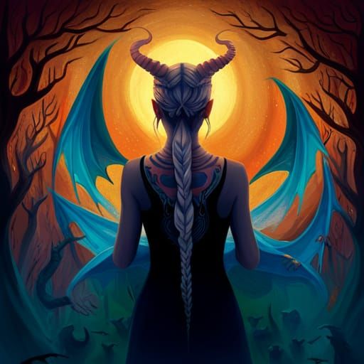 Blonde Demon Woman with Braids in Dark Fantasy Art