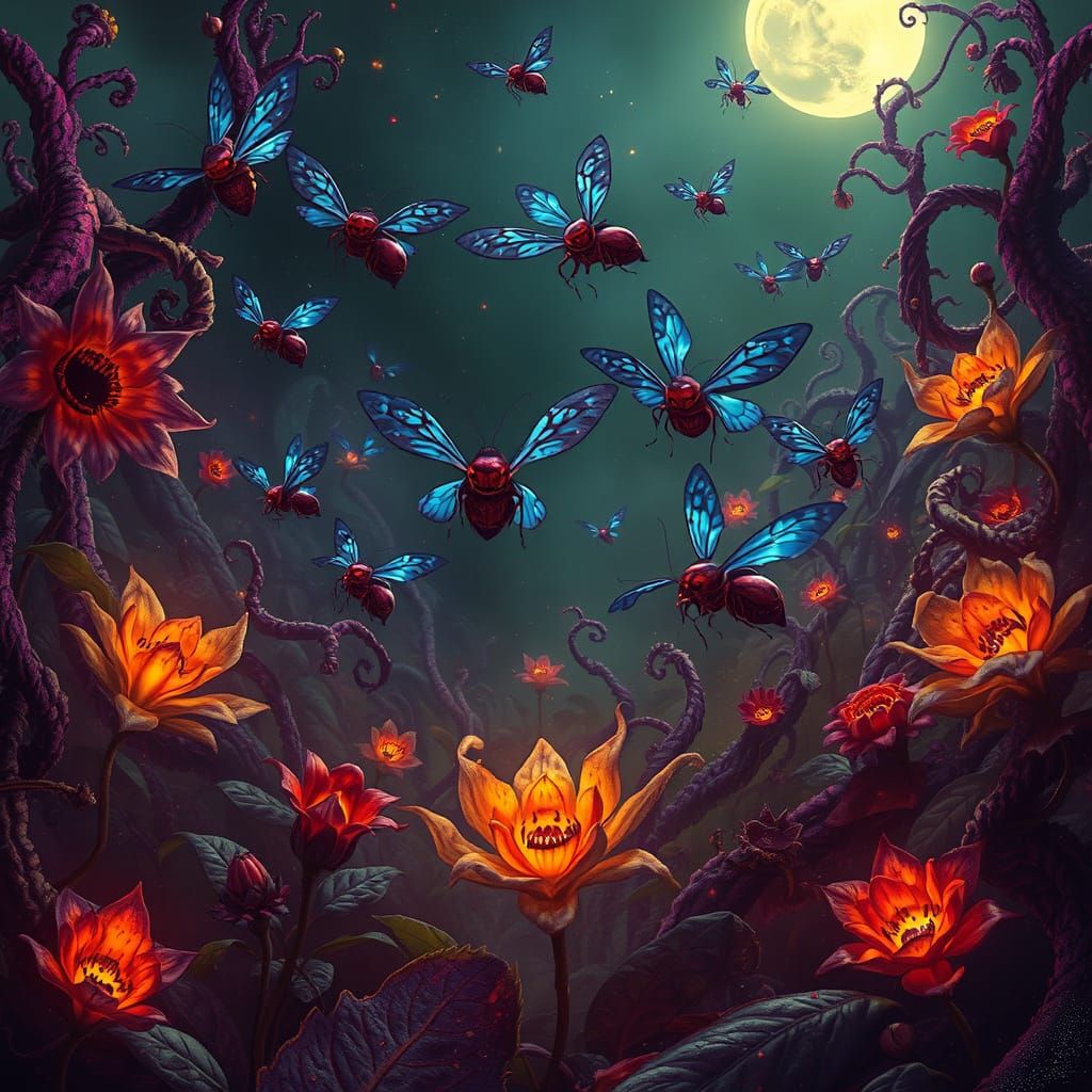 Mystical Garden with Bioluminescent Insects and Menacing Flo...