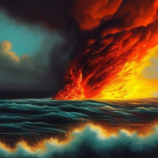 Volcano Eruption Over Stormy Ocean in Explosive Oil Painting