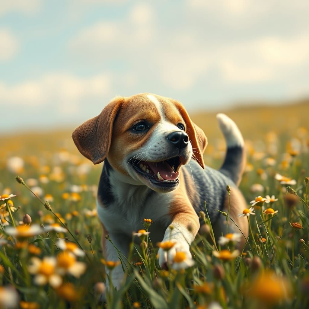 Whimsical Beagle Puppy in a Sunlit Chamomile Field