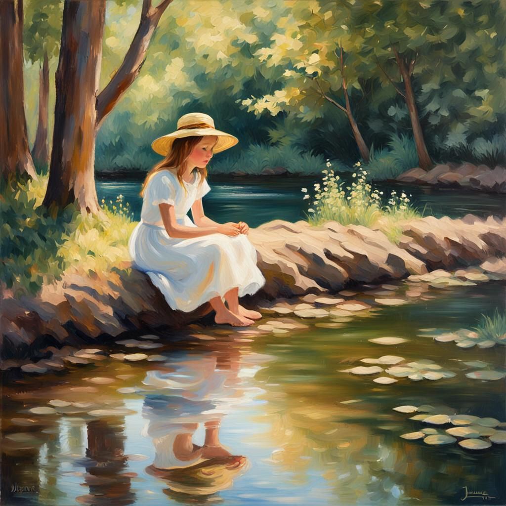 Impressionist Girl on Riverbank in Blooming Forest