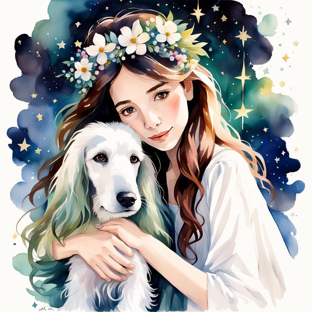 Ballerina and Afghan Hound in Watercolor Splash Art