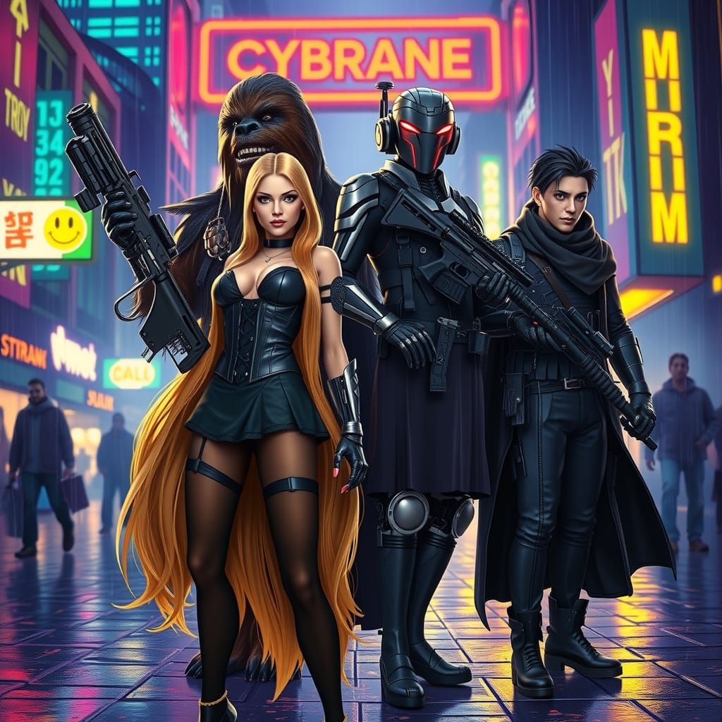 Cyberpunk Heroes Stand United in Neon-Lit Metropolis