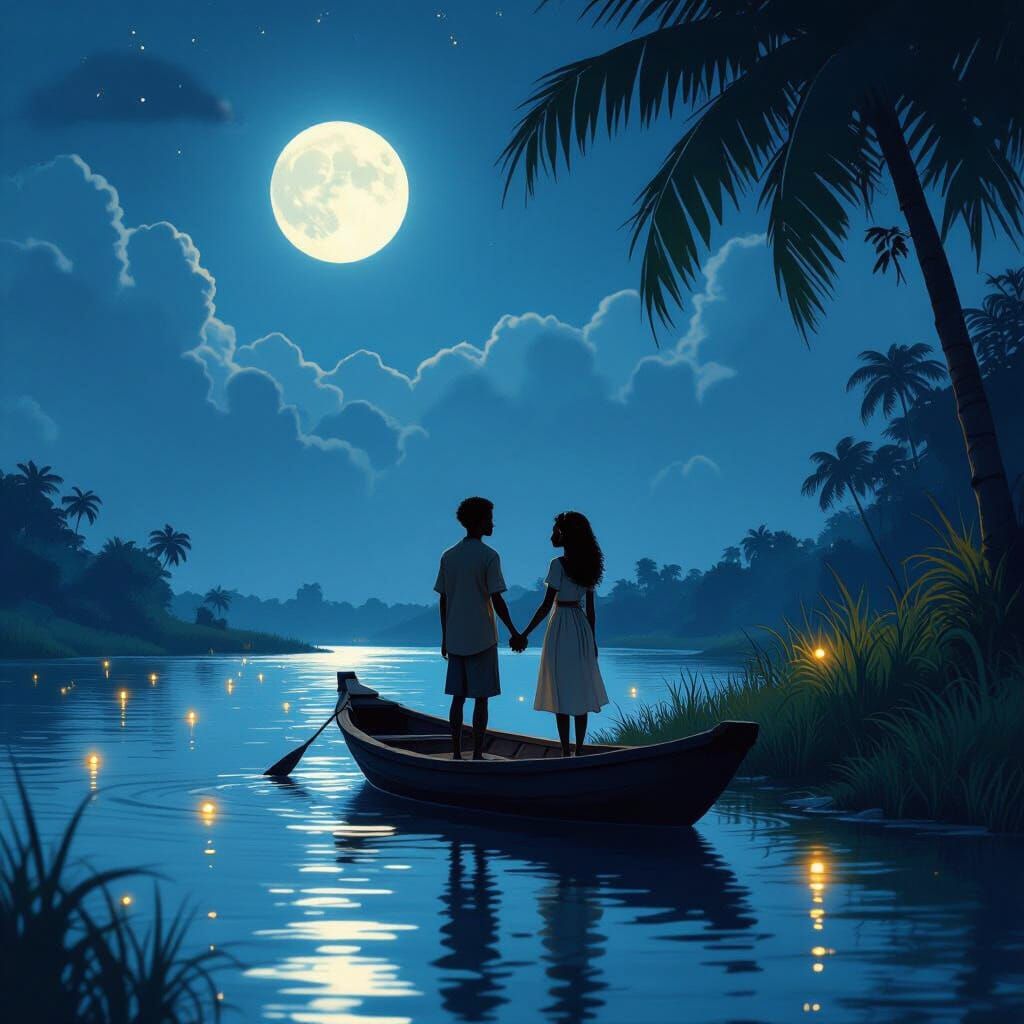 African Lovers Under Moonlit Sky, Animated Style