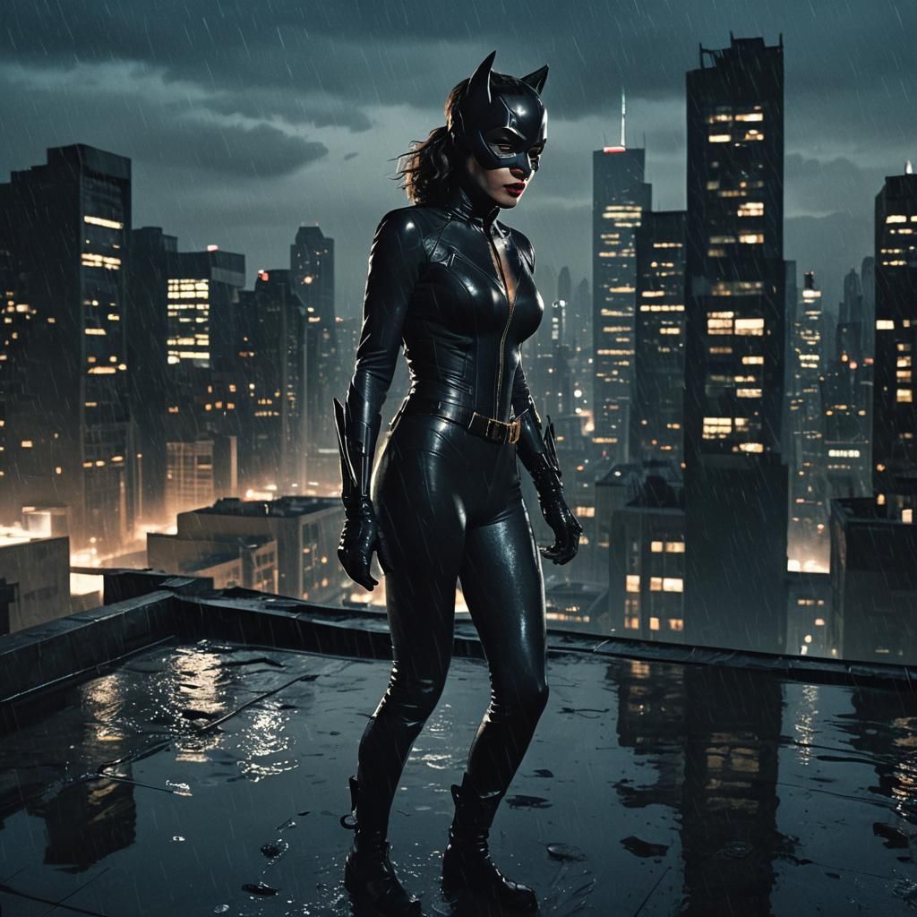 Catwoman on a Gotham Rooftop in Comic Style