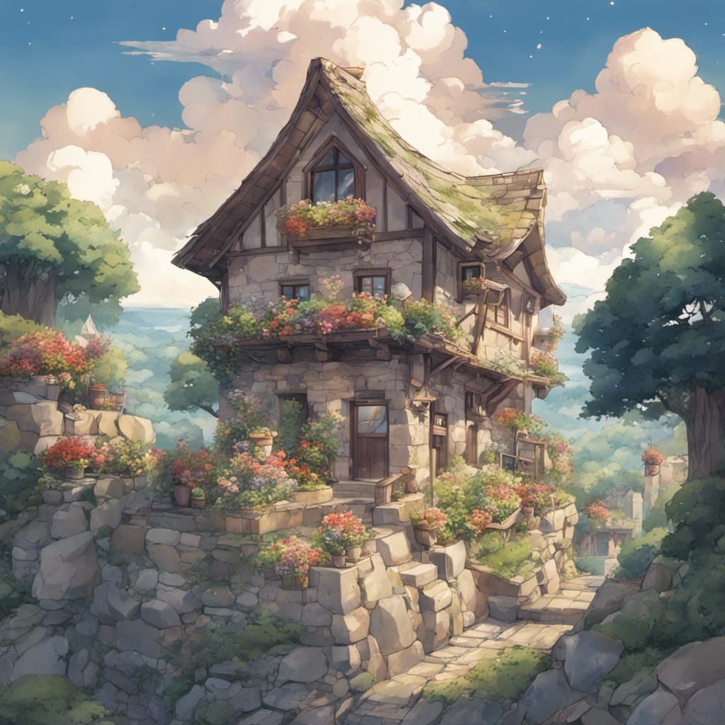 Mountain Village with Flower Pots in Anime Style