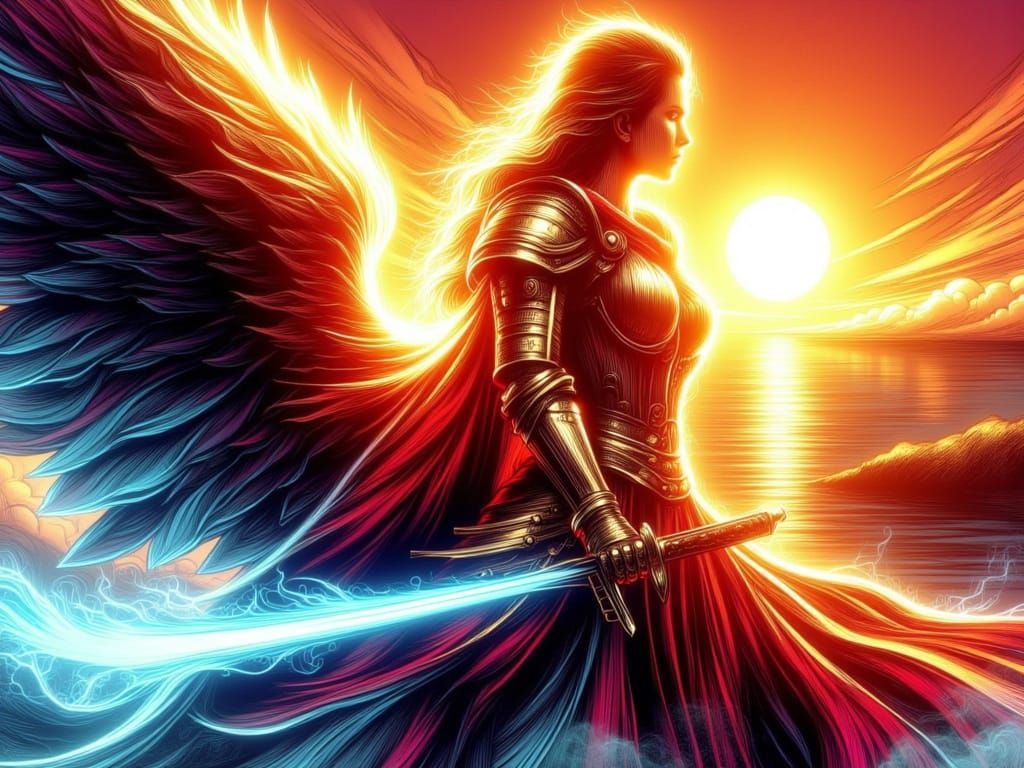 Ethereal Digital Portrait of a Female Knight on a Griffin