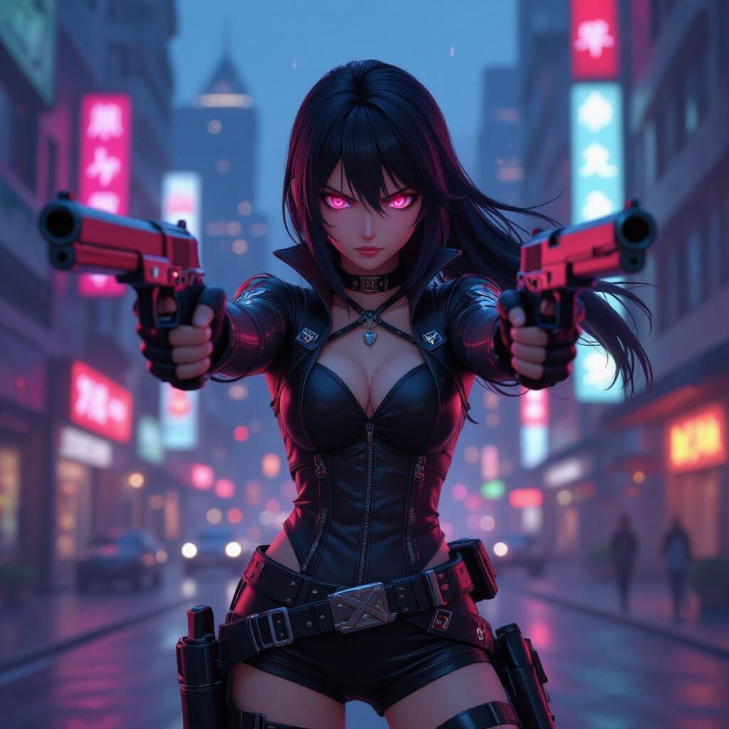 Anime Gunslinger Girl in Futuristic City at Dusk
