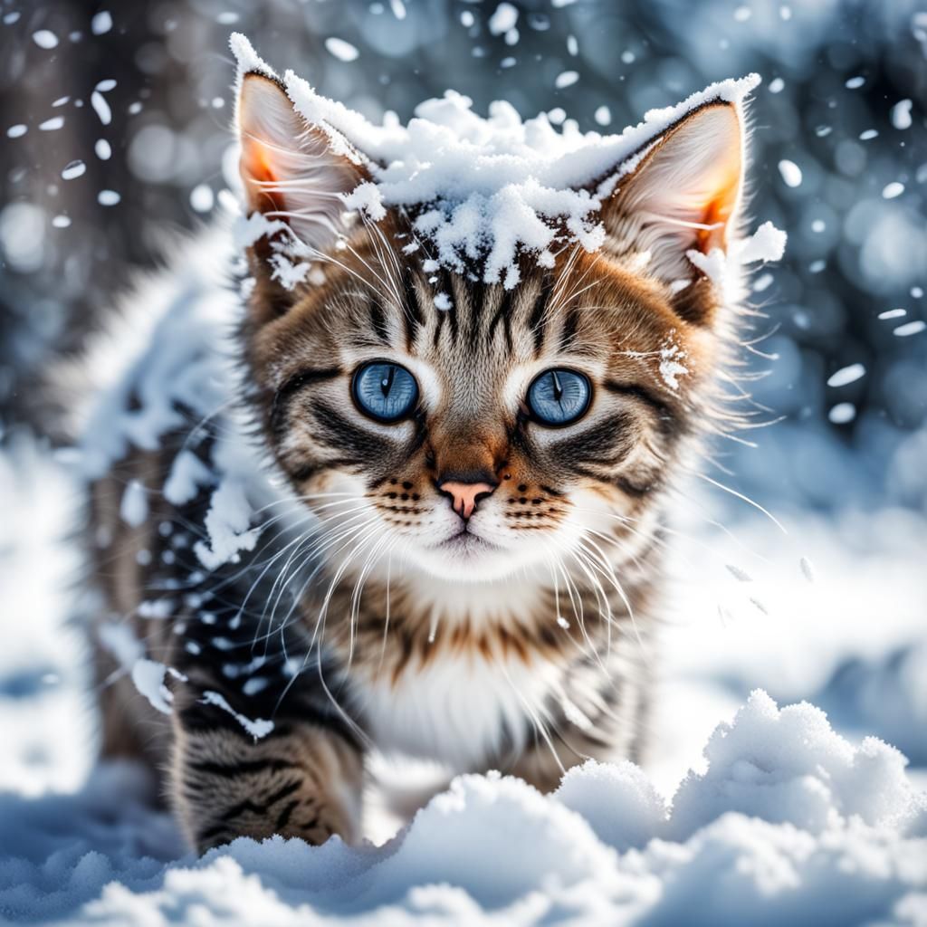 Cute Kitten Playing in Winter Snow