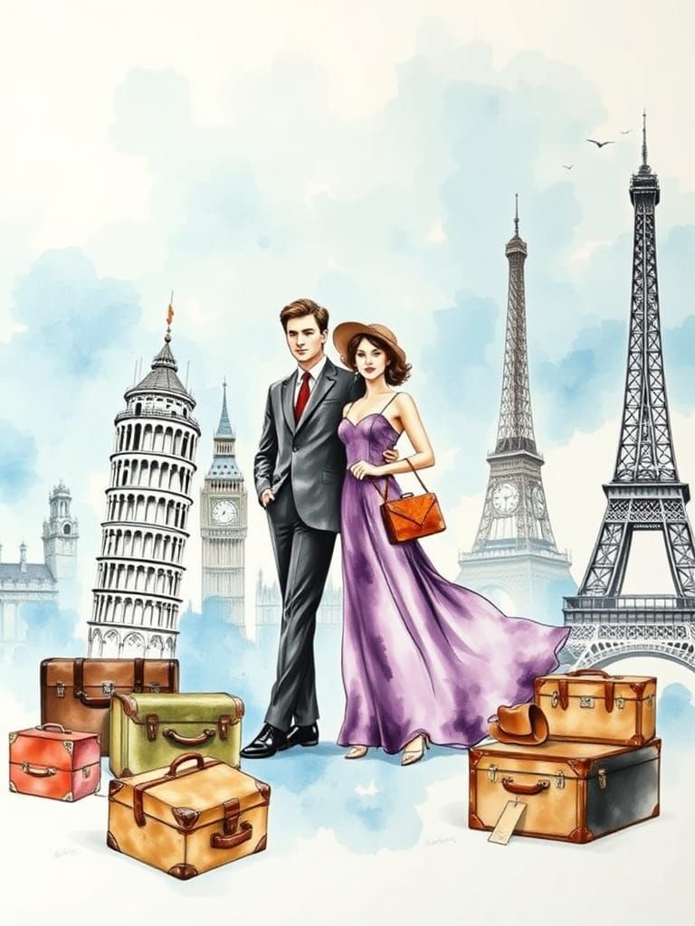Romantic Couple in Vintage Suitcases Watercolor