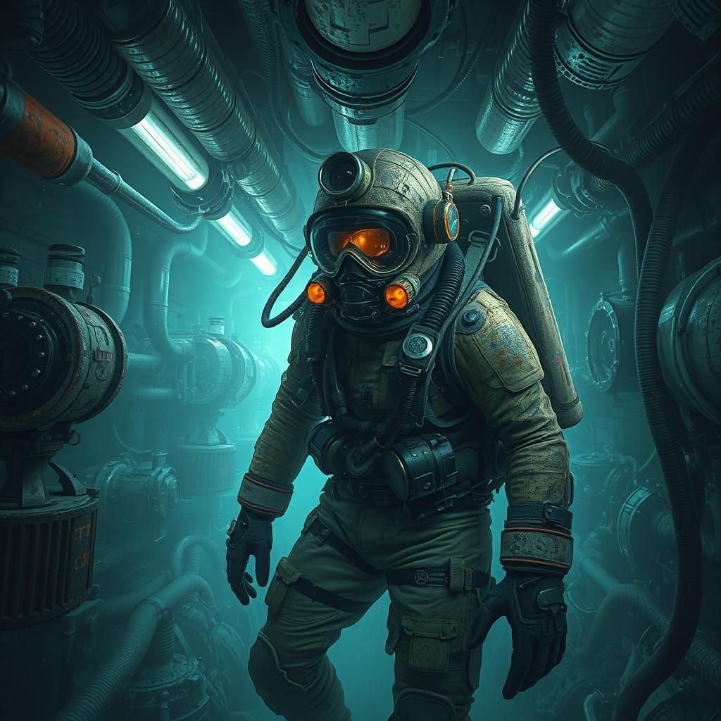 Dystopian Diver in Submerged Cyberpunk World