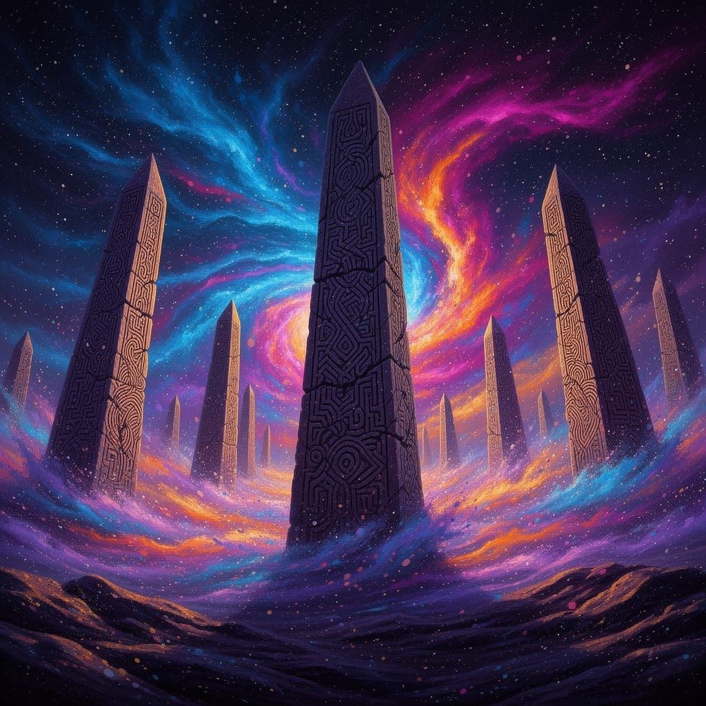 Cosmic Nebula Obelisks Etched with Zentangle Patterns
