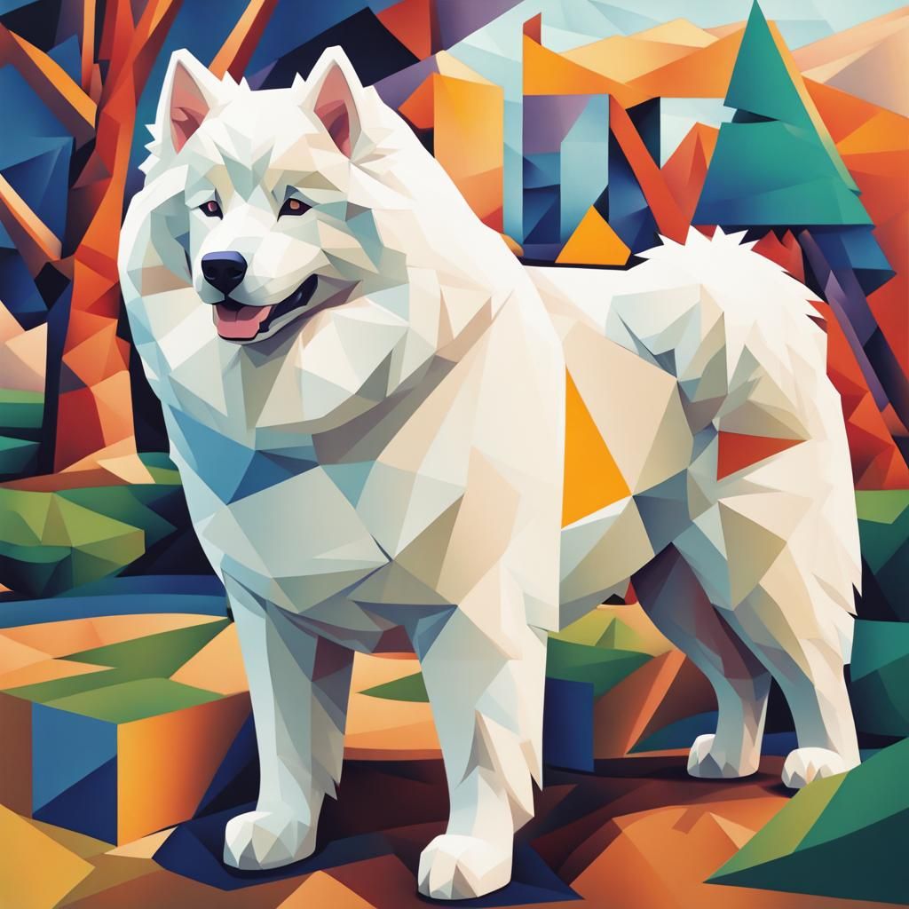 Geometric Cubist Painting of Samoyed at Dog Park