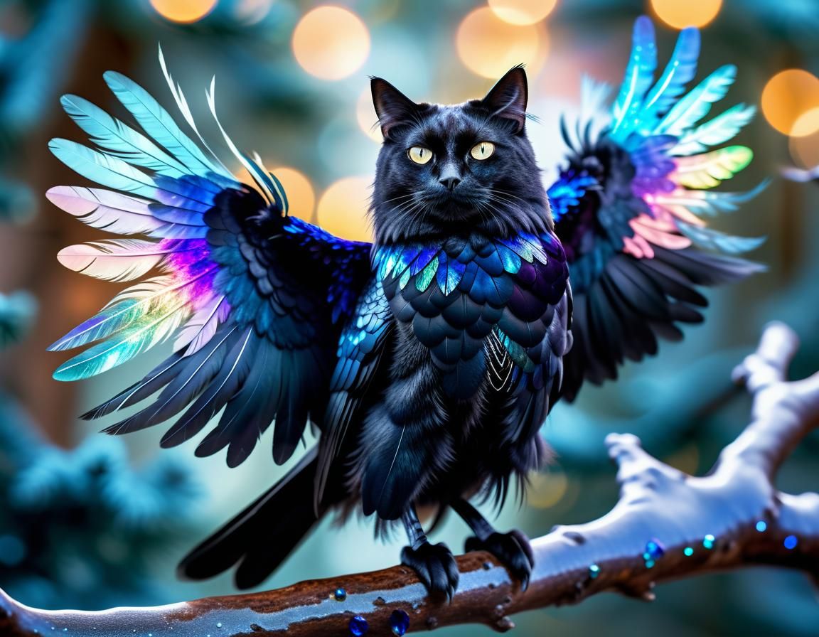 Hyperrealistic Cat-Crow Hybrid on Crystal Branch