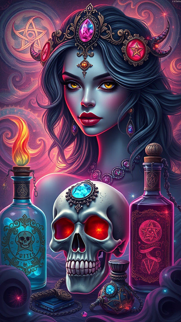 Enchanting Woman with Potions: A Psychedelic Pop Art Illustr...