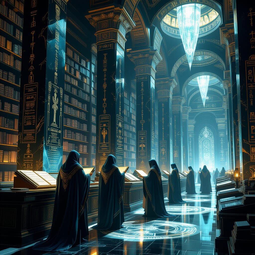 Atlantean Scholars in Obsidian Library, Mystical Dreamlike A...