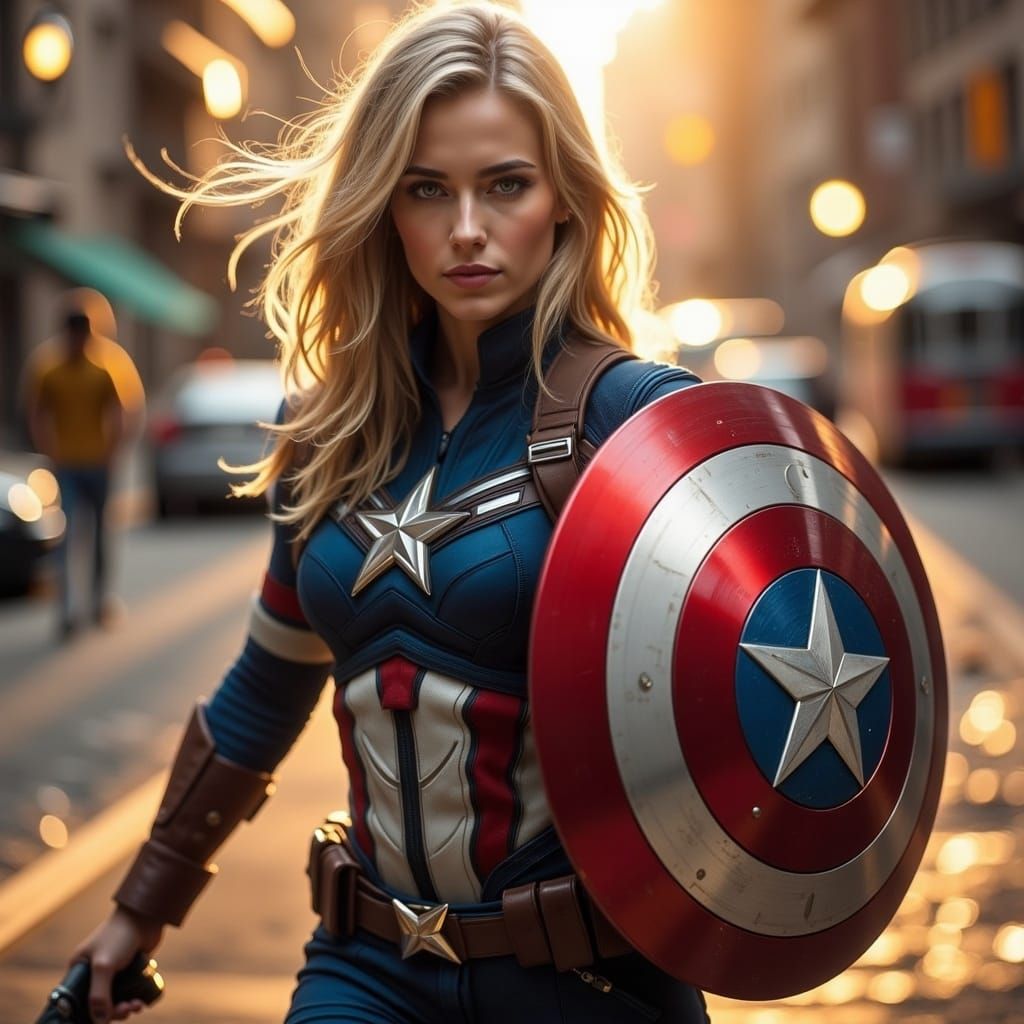 Fierce Female Captain America in Hyperreal Style